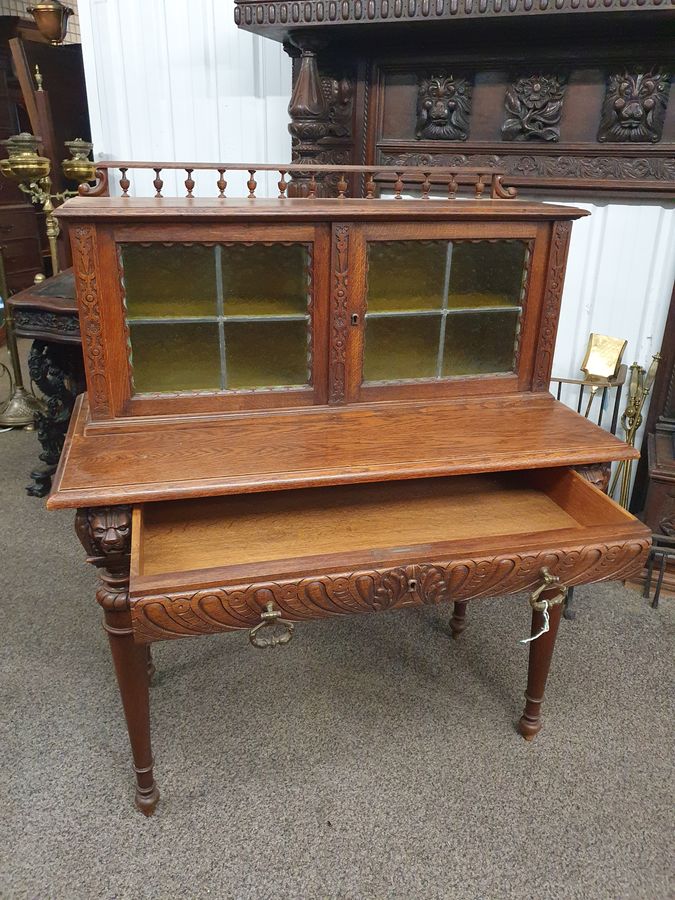 Antique Antique Lion Mask Face Oak Side Table 