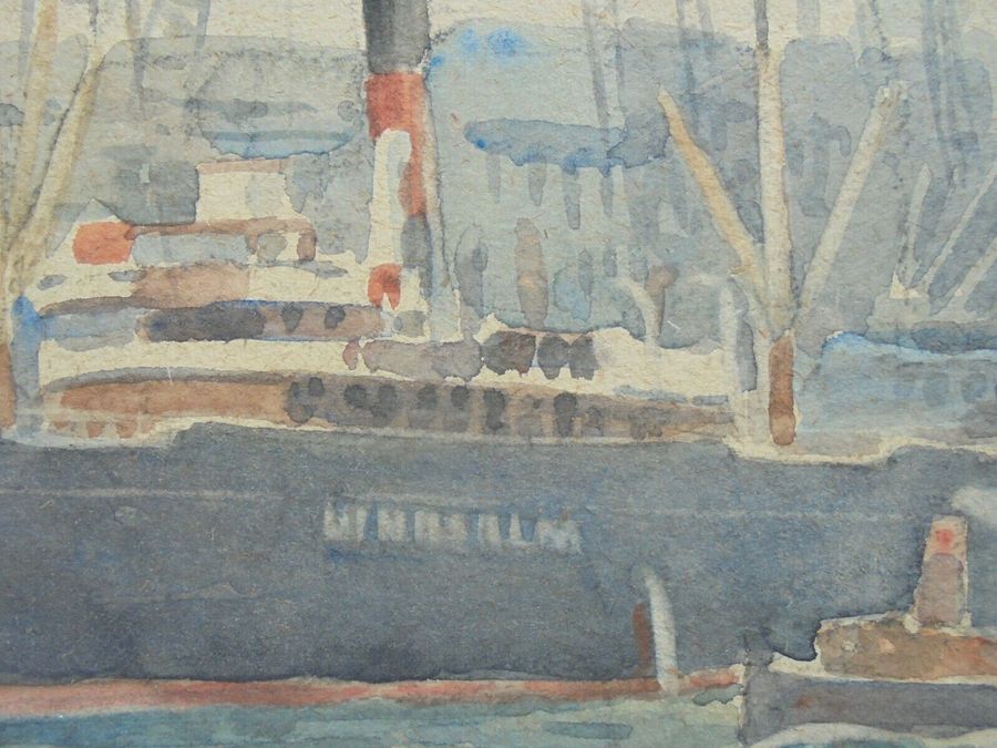 Antique Leonard Cackett  (1896-1963) - Vessels near bridge
