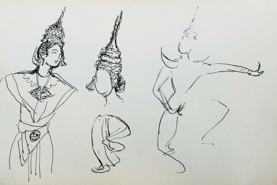 Antique Thai Dancers, Ca.1940, Pen & Ink, Verso & Recto