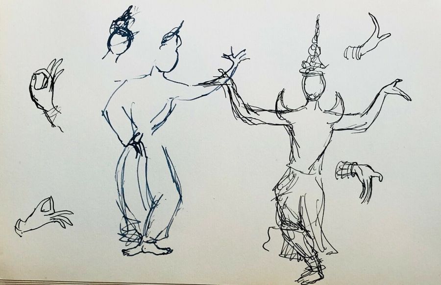 Antique Thai Dancers, Ca.1940, Pen & Ink, Verso & Recto