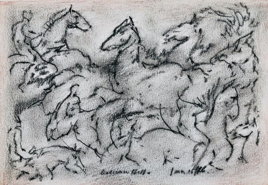 Adrian Hill (1895-1977). The Chase. Signed/ ca. 1976. Charcoal