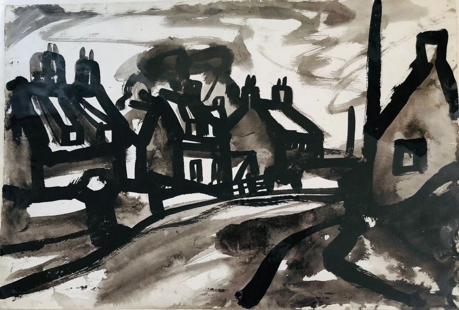 View of Cottages, Norfolk by David Smith. Ink / W/col. ca. 1955