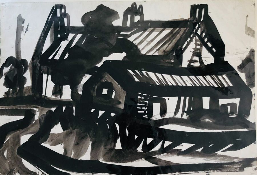 View of Cottages, Norfolk by David Smith. Ink / W/col. ca. 1955