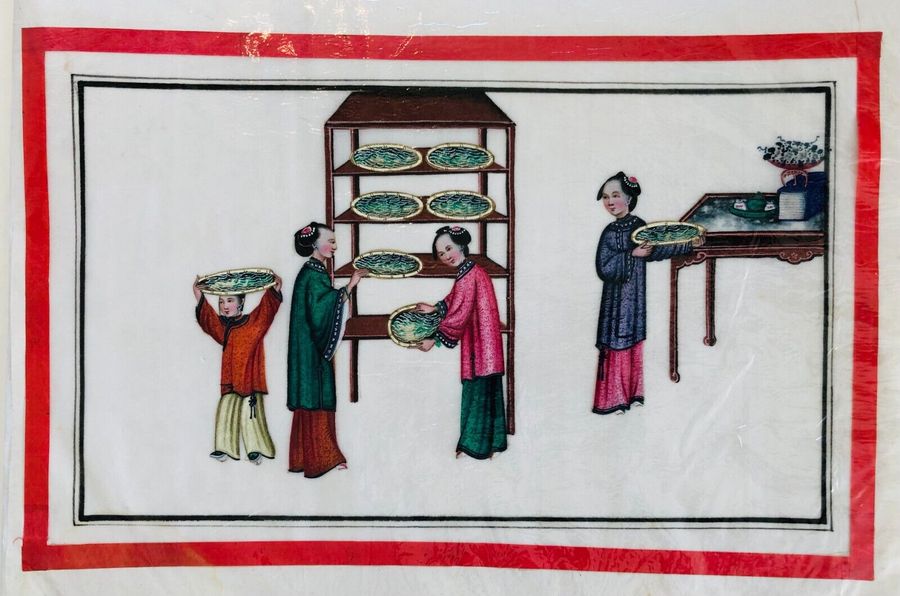 Antique Chinese illustrating silk production watercolors (pith) x 7