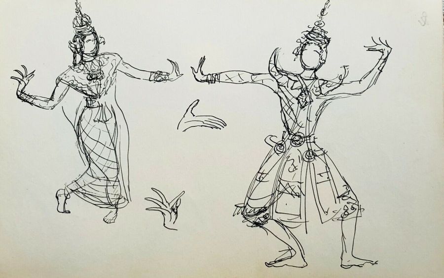 Antique Thai Dancers, Ca.1940, Pen & Ink, Verso & Recto