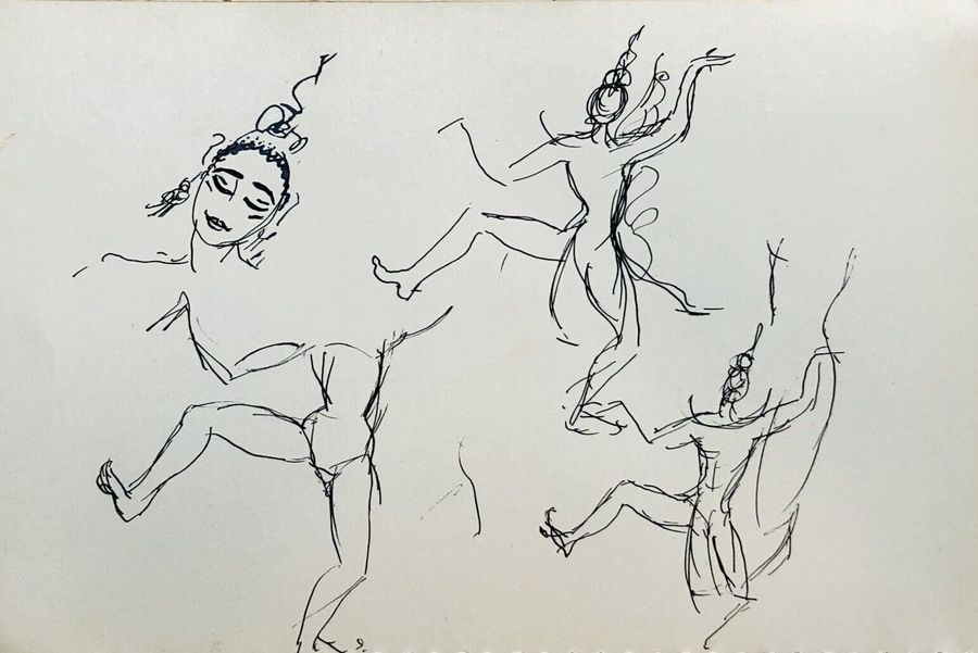 Antique Thai Dancers, Ca.1940, Pen & Ink, Verso & Recto