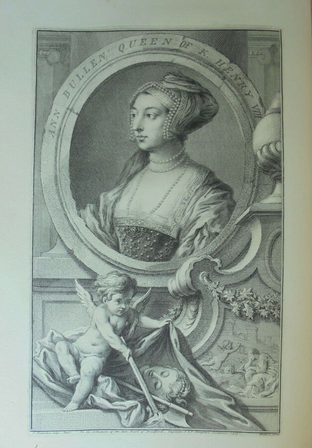 Antique J. Houbraken ( 1698 – 1780), after Holbein. Anne Bullen (Boleyn). Print  1738