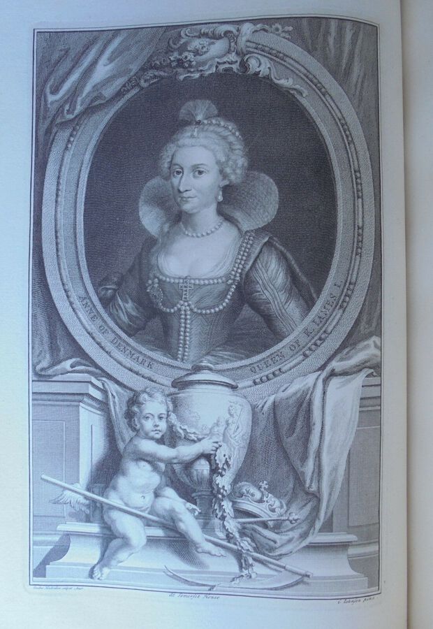 Antique J. Houbraken ( 1698 – 1780), after C. Johnson. Anne of Denmark. Print  ca. 1738