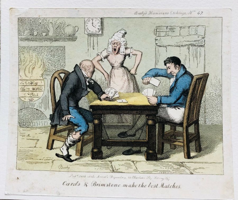 Antique Busby's Caricature Ca. 1820s.  Cards & Brimstone make the last matches